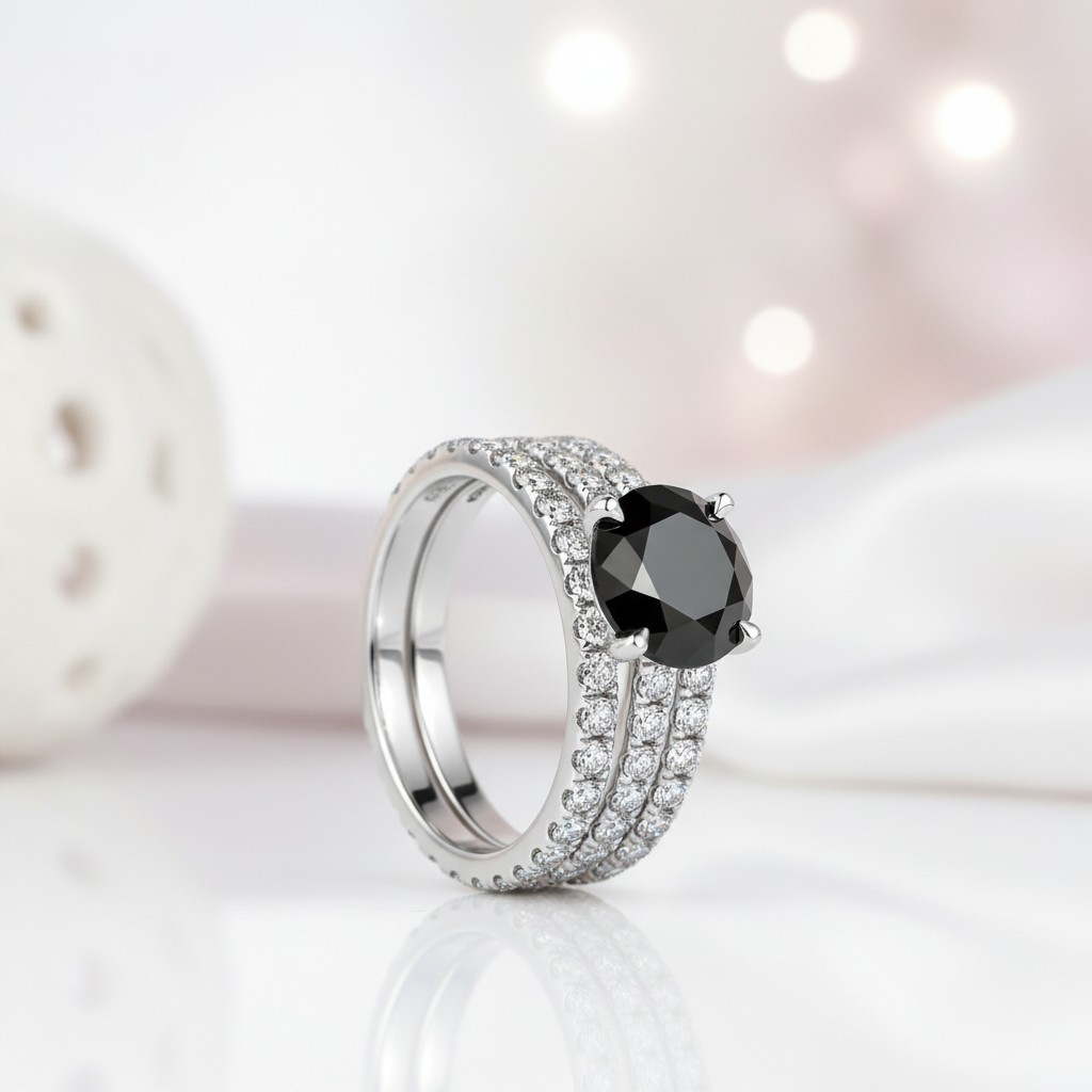 3pcs Round Cut Diamond Option Ring Set-Black Diamonds New York