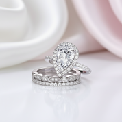 Halo Pear Cut Sapphire White Gold Ring Set-Black Diamonds New York