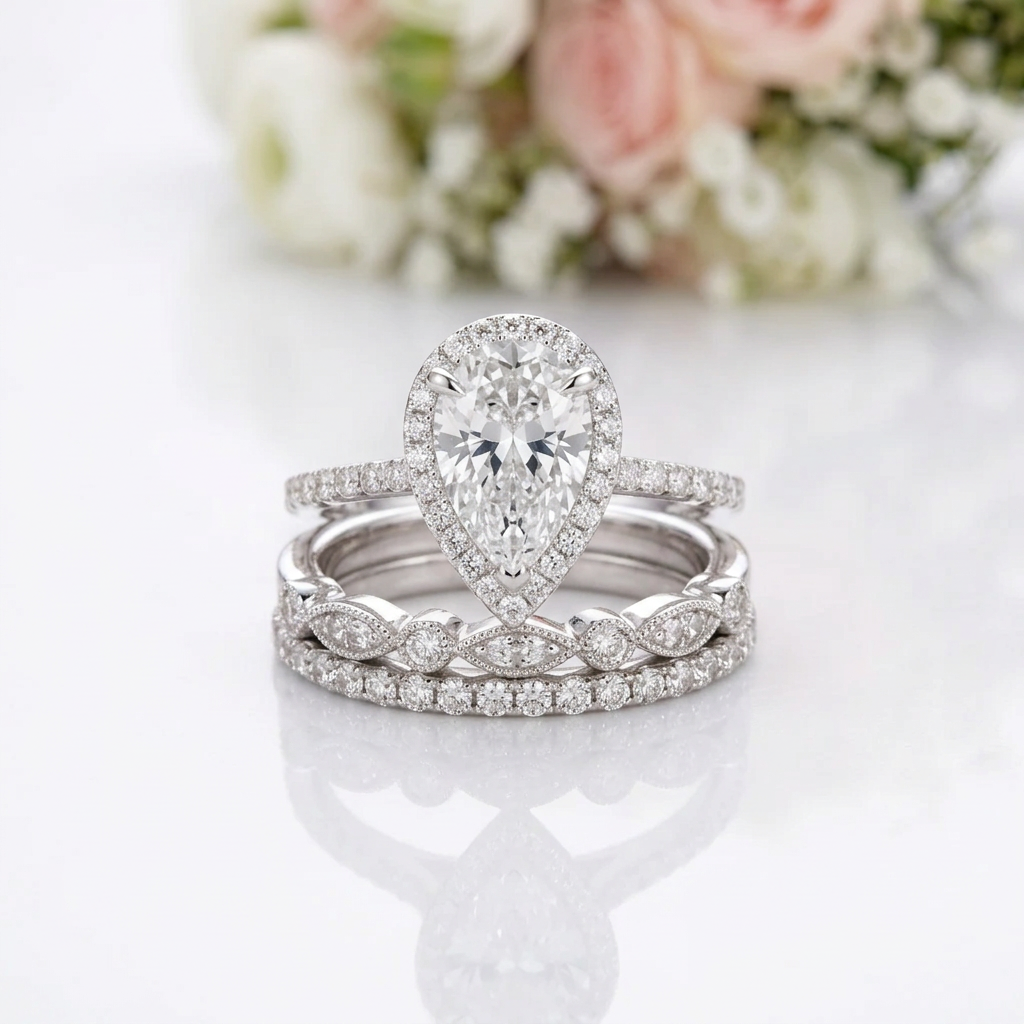 Halo Pear Cut Sapphire White Gold Ring Set-Black Diamonds New York