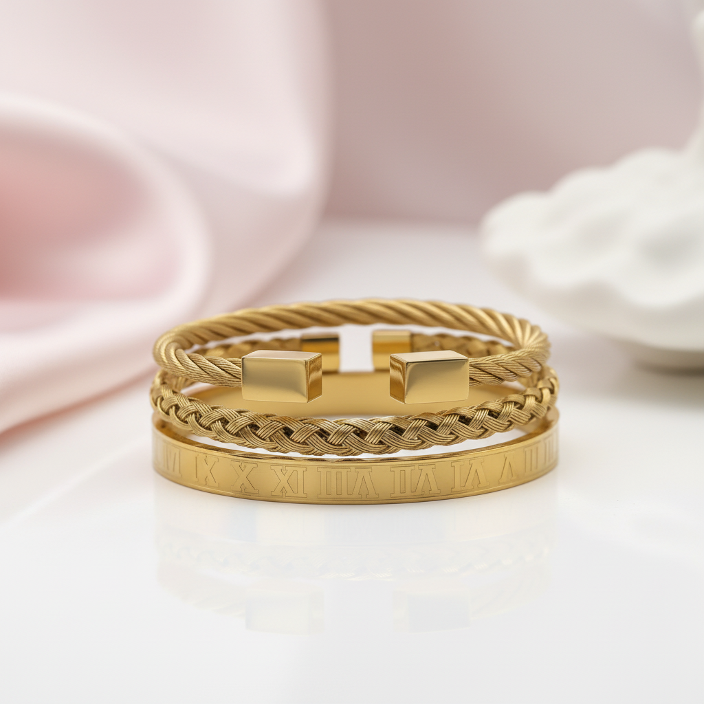 3pcs Luxury Stainless Steel Roman Numeral Men's Bracelet-Black Diamonds New York