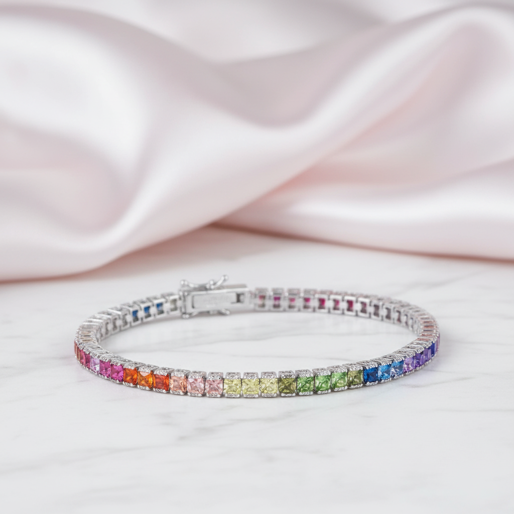 4 Prong Square Rainbow Crystal Tennis Chain Bracelet-Black Diamonds New York