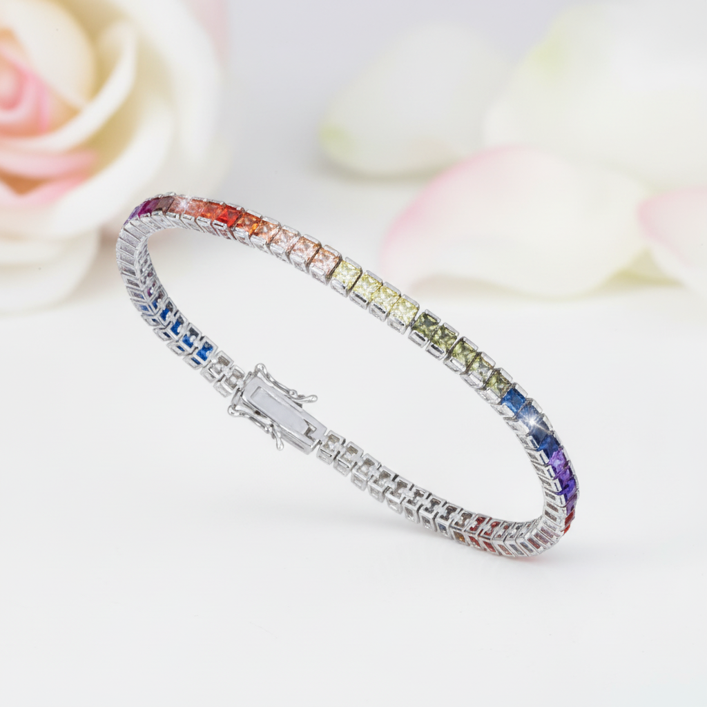 4 Prong Square Rainbow Crystal Tennis Chain Bracelet-Black Diamonds New York