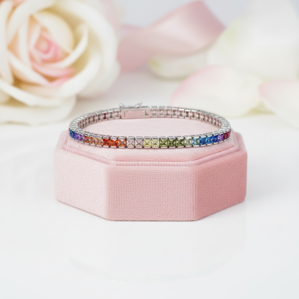 4 Prong Square Rainbow Crystal Tennis Chain Bracelet-Black Diamonds New York