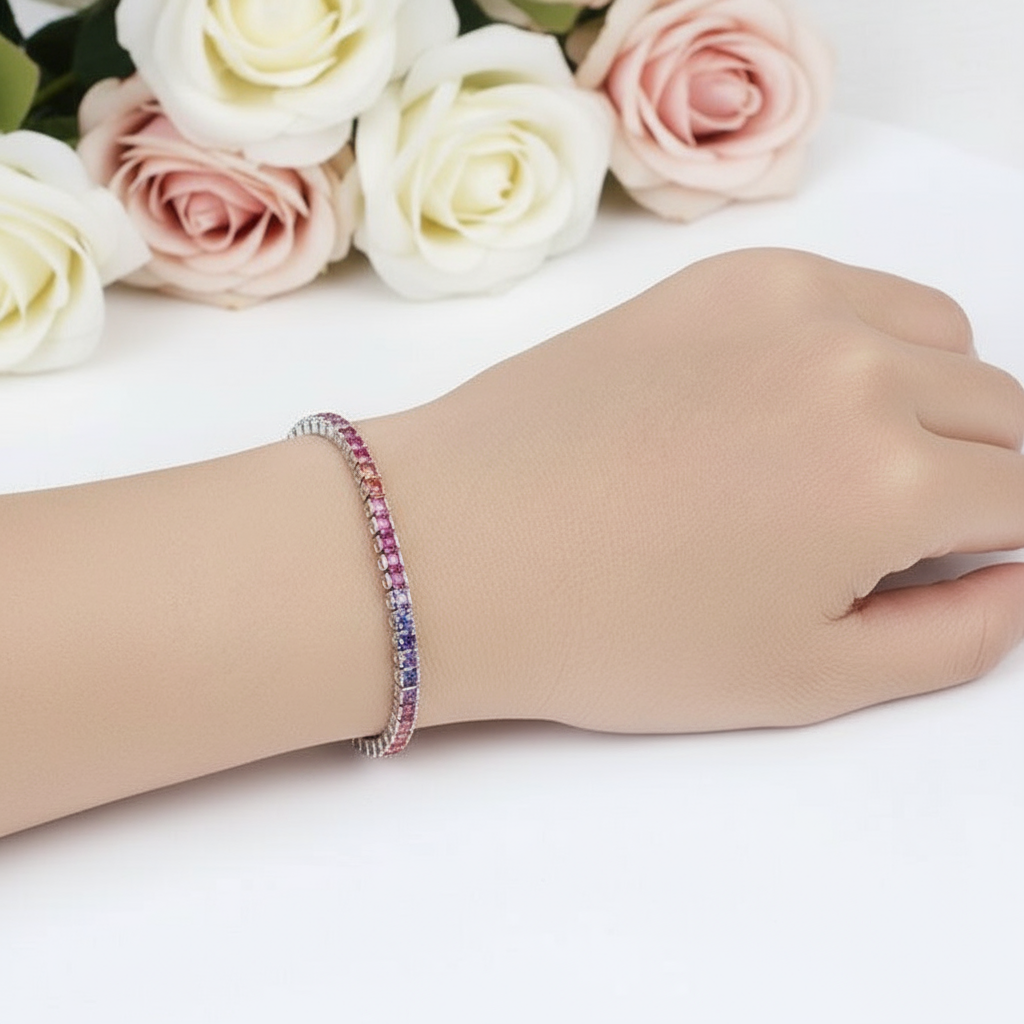 4 Prong Square Rainbow Crystal Tennis Chain Bracelet-Black Diamonds New York