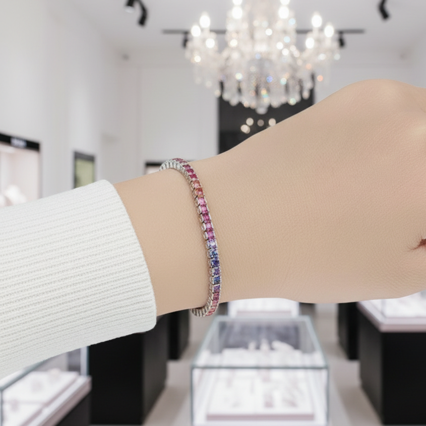 4 Prong Square Rainbow Crystal Tennis Chain Bracelet-Black Diamonds New York