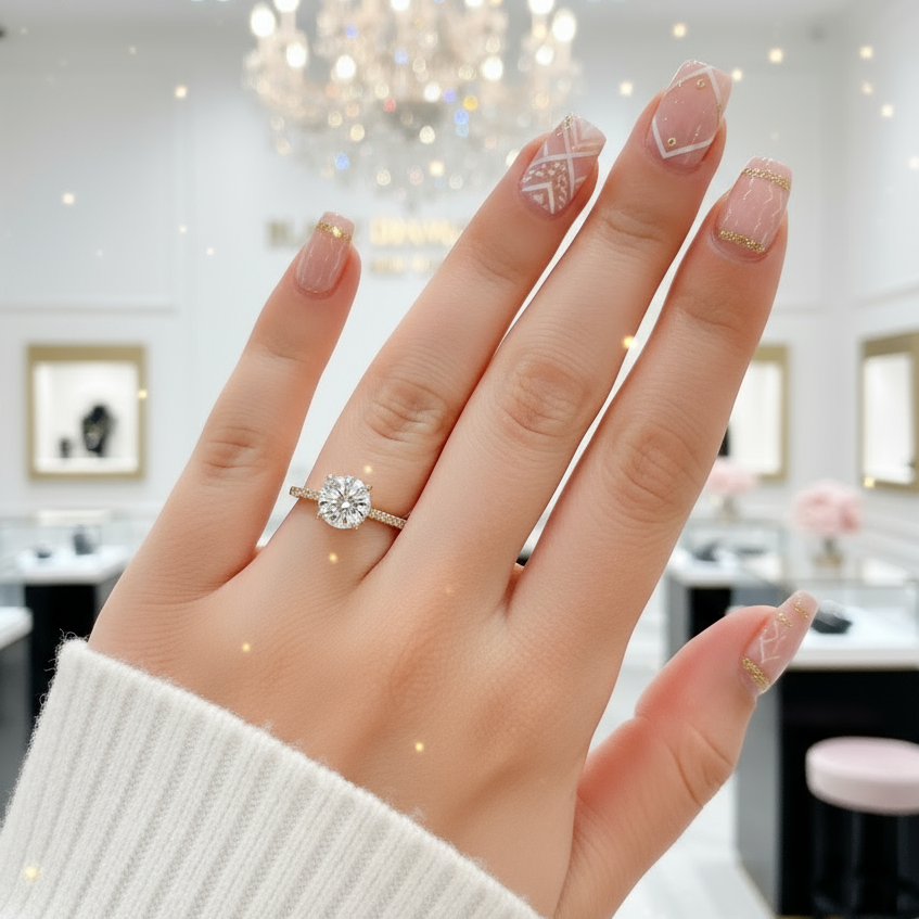 4 prong Yellow Gold Classic Round Cut Engagement Ring-Black Diamonds New York