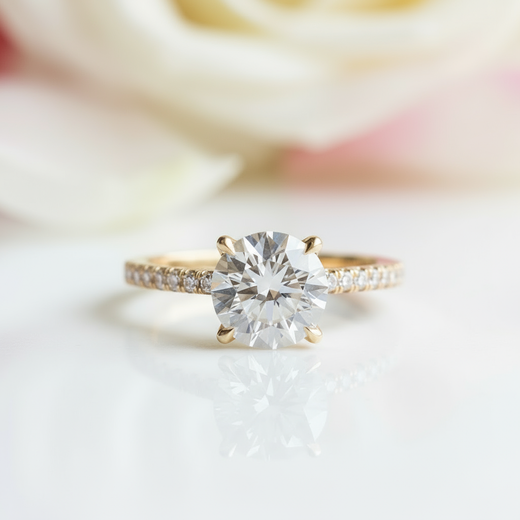 4 prong Yellow Gold Classic Round Cut Engagement Ring-Black Diamonds New York