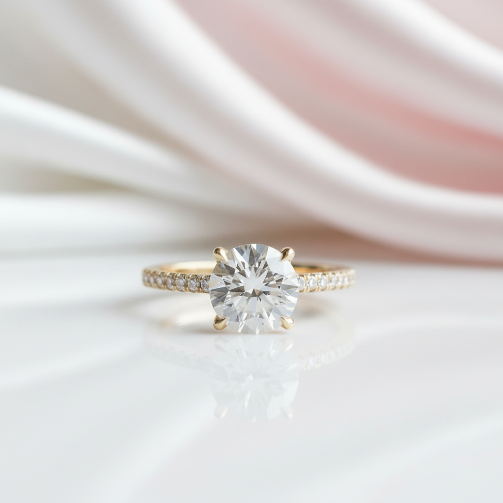 4 prong Yellow Gold Classic Round Cut Engagement Ring-Black Diamonds New York