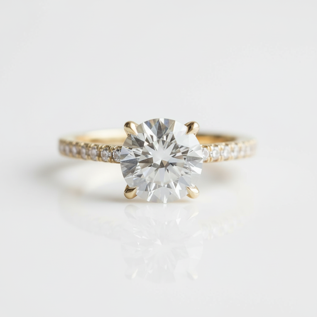 4 prong Yellow Gold Classic Round Cut Engagement Ring-Black Diamonds New York