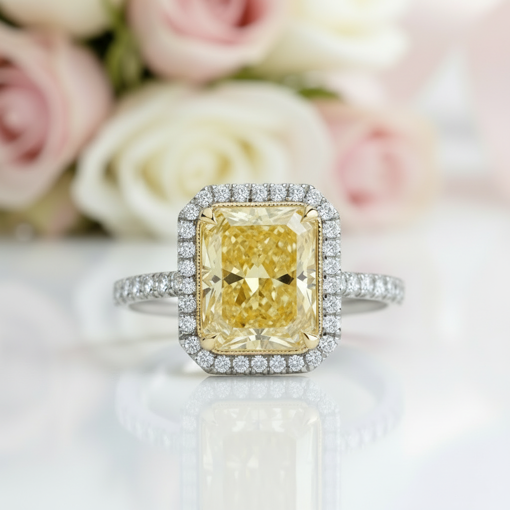 4.0 ct Light Yellow Radiant Cut Diamond Option Engagement Ring in 14k White Gold-Black Diamonds New York
