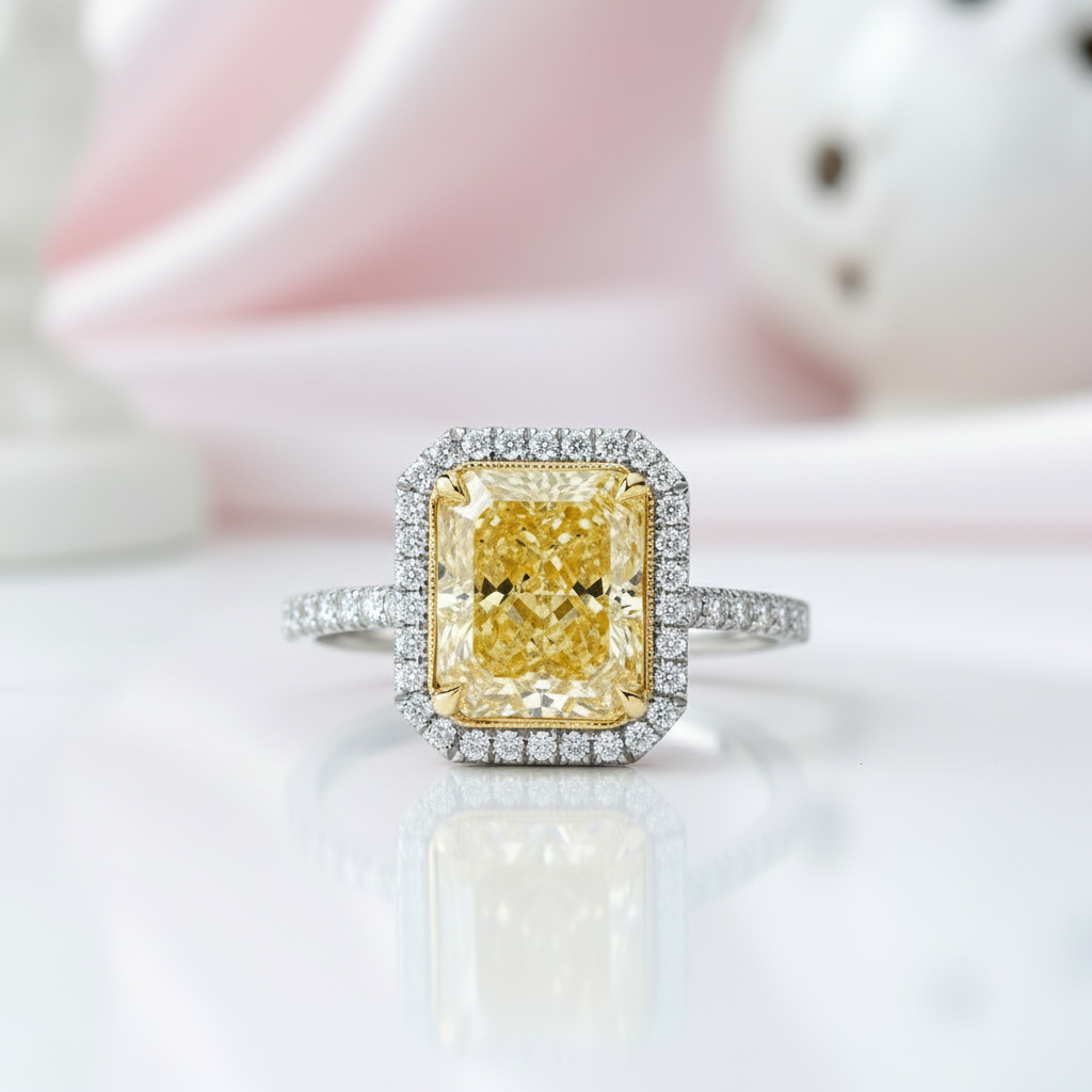 4.0 ct Light Yellow Radiant Cut Diamond Engagement Ring in 14K White Gold-Black Diamonds New York