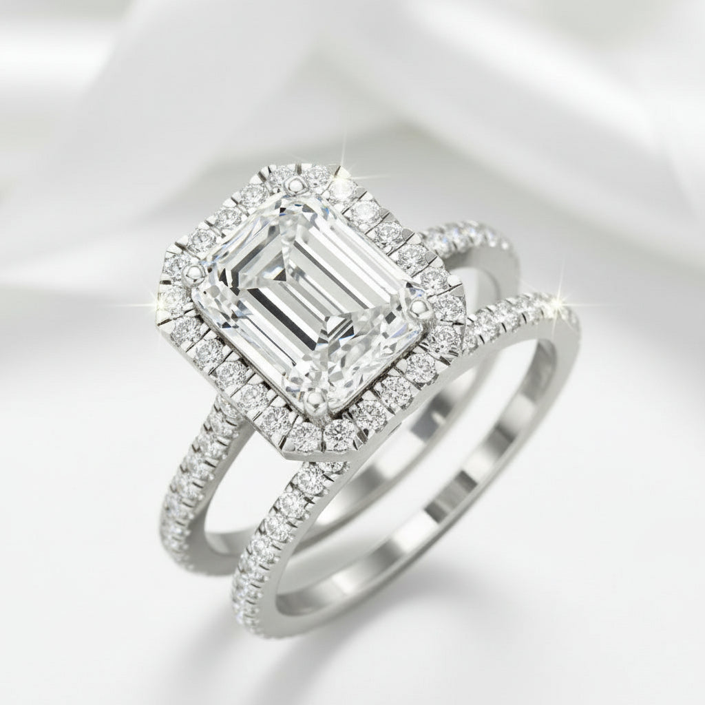 4.0ct Halo Emerald Cut Wedding Ring Set-Black Diamonds New York