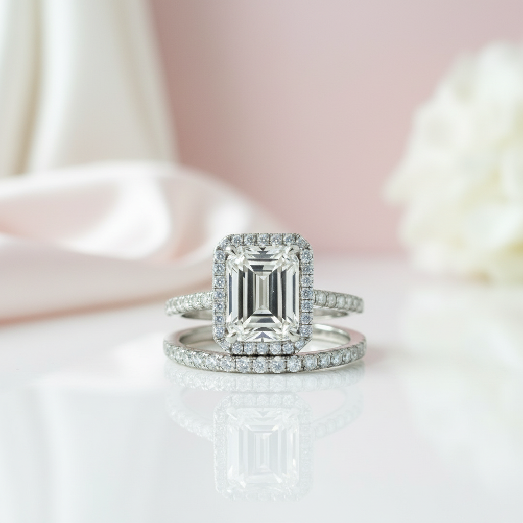 4.0ct Halo Emerald Cut Wedding Ring Set-Black Diamonds New York