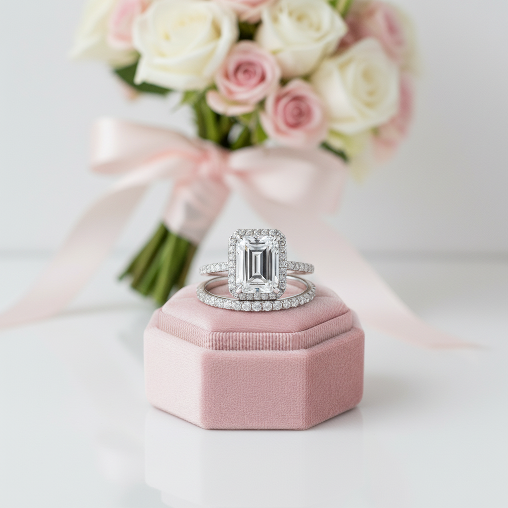 4.0ct Halo Emerald Cut Wedding Ring Set-Black Diamonds New York