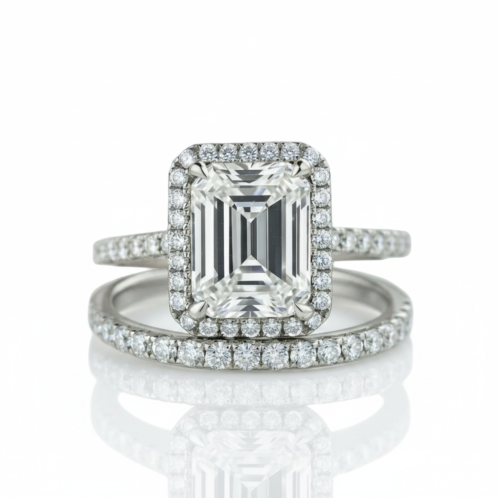 4.0ct Halo Emerald Cut Wedding Ring Set-Black Diamonds New York