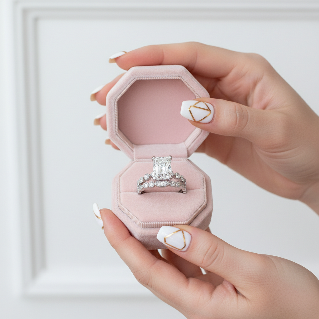 Hand holding a pink jewelry box with an engagement ring inside on a white background