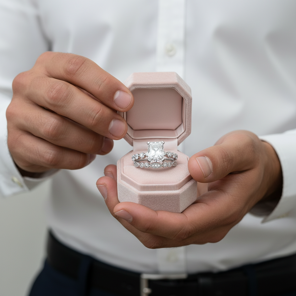 Person holding a pink jewelry box with a diamond ring inside, wearing a white shirt.