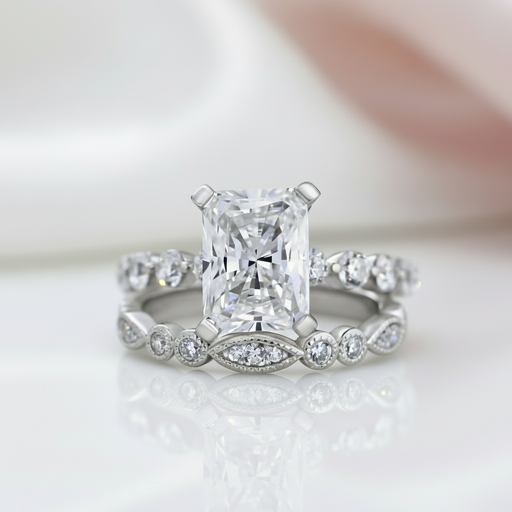 4.0ct Radiant Cut White Sapphire Wedding Ring Set-Black Diamonds New York