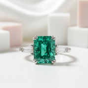 4.0ct Paraiba Tourmaline Radiant Cut Three-Stone Engagement Ring-Black Diamonds New York
