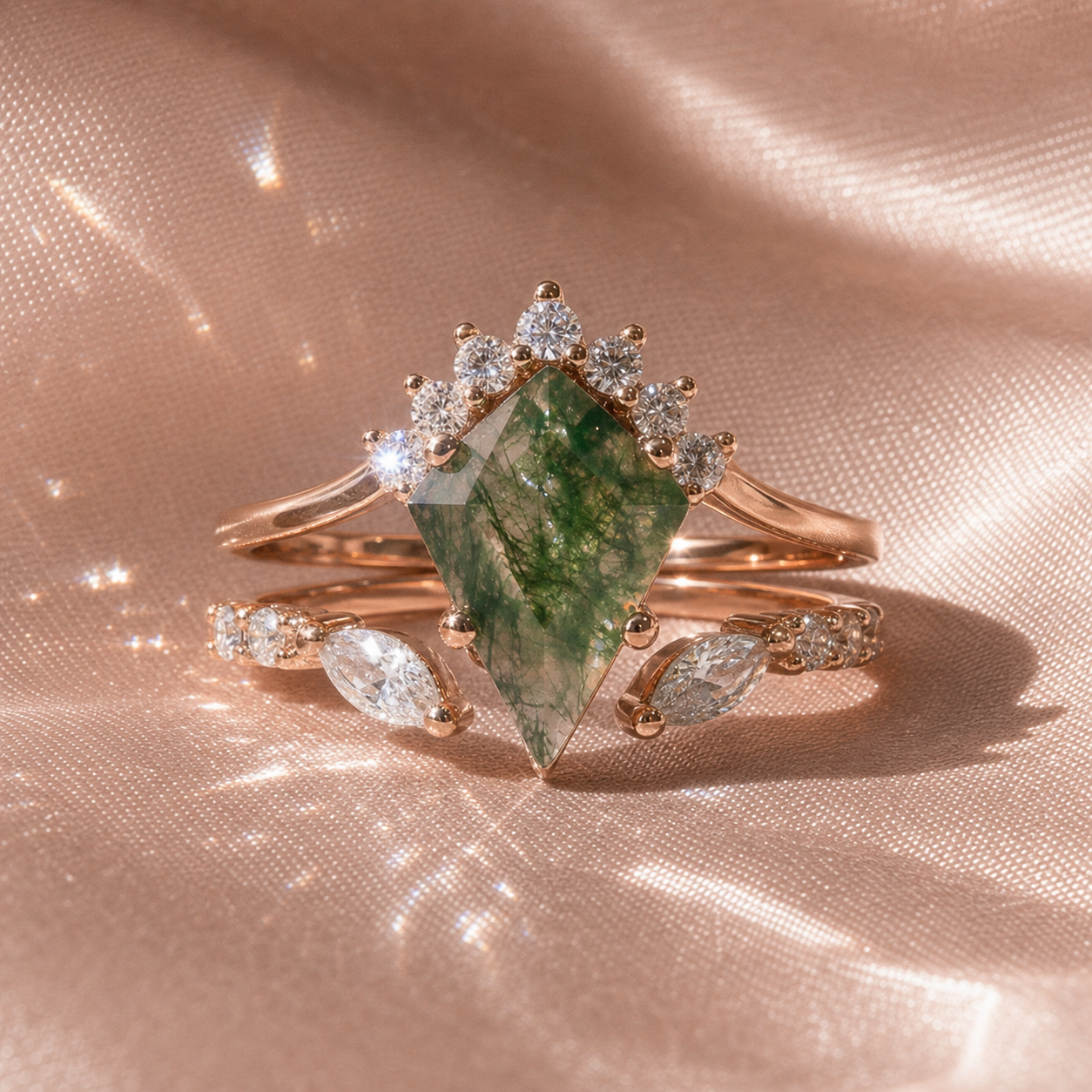 Moss Agate Rhombus Shape Engagement Ring-Black Diamonds New York
