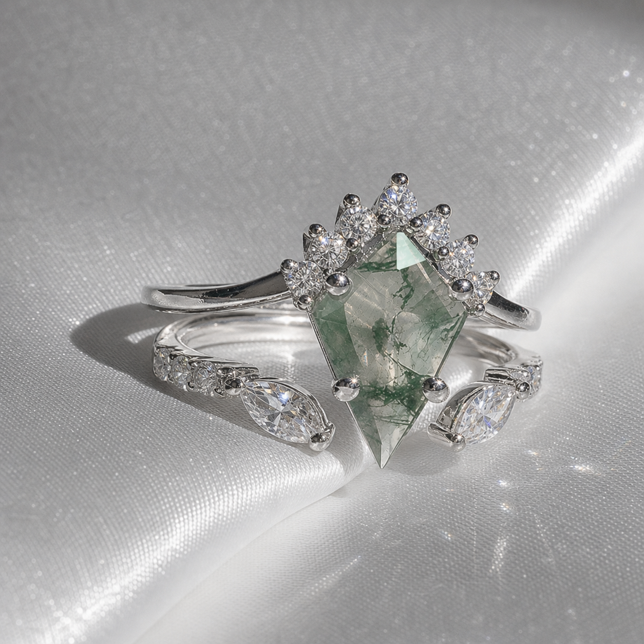 Moss Agate Rhombus Shape Engagement Ring-Black Diamonds New York