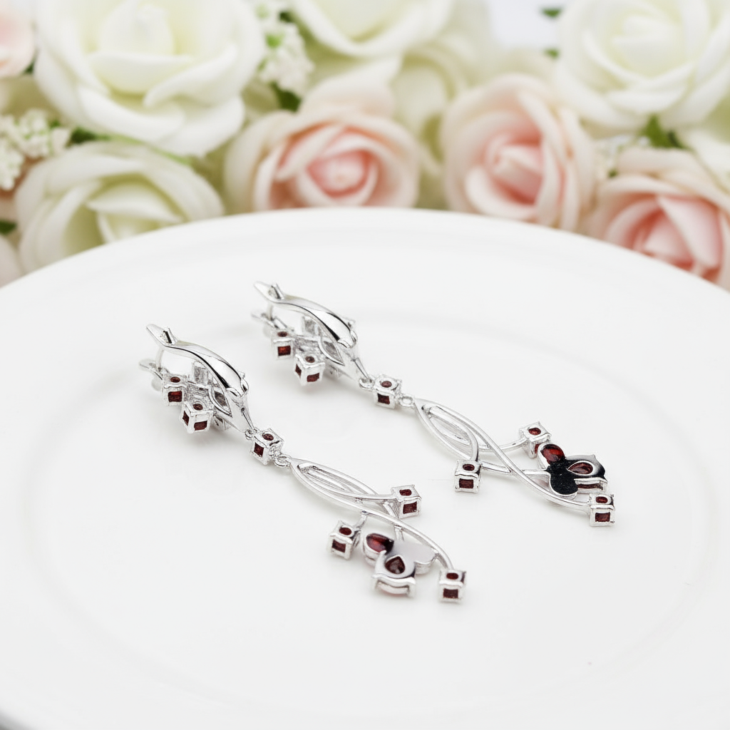 4.04ct Natural Red Garnet Bridal Drop Earrings-Black Diamonds New York