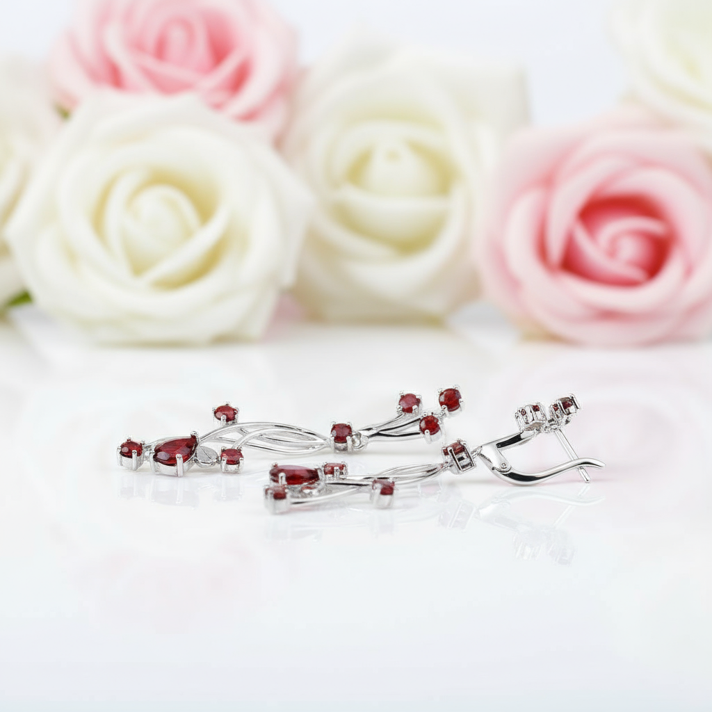 4.04ct Natural Red Garnet Bridal Drop Earrings-Black Diamonds New York