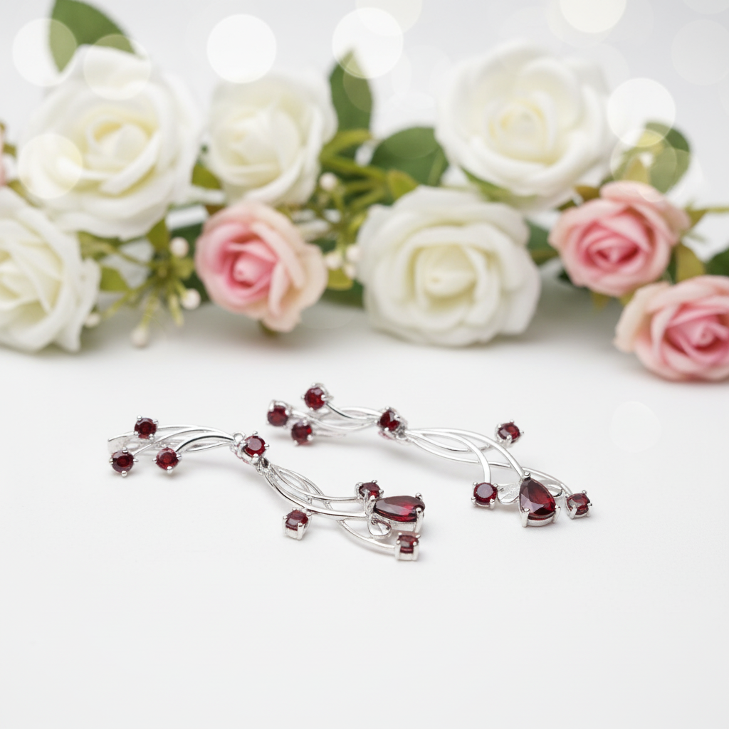 4.04ct Natural Red Garnet Bridal Drop Earrings-Black Diamonds New York