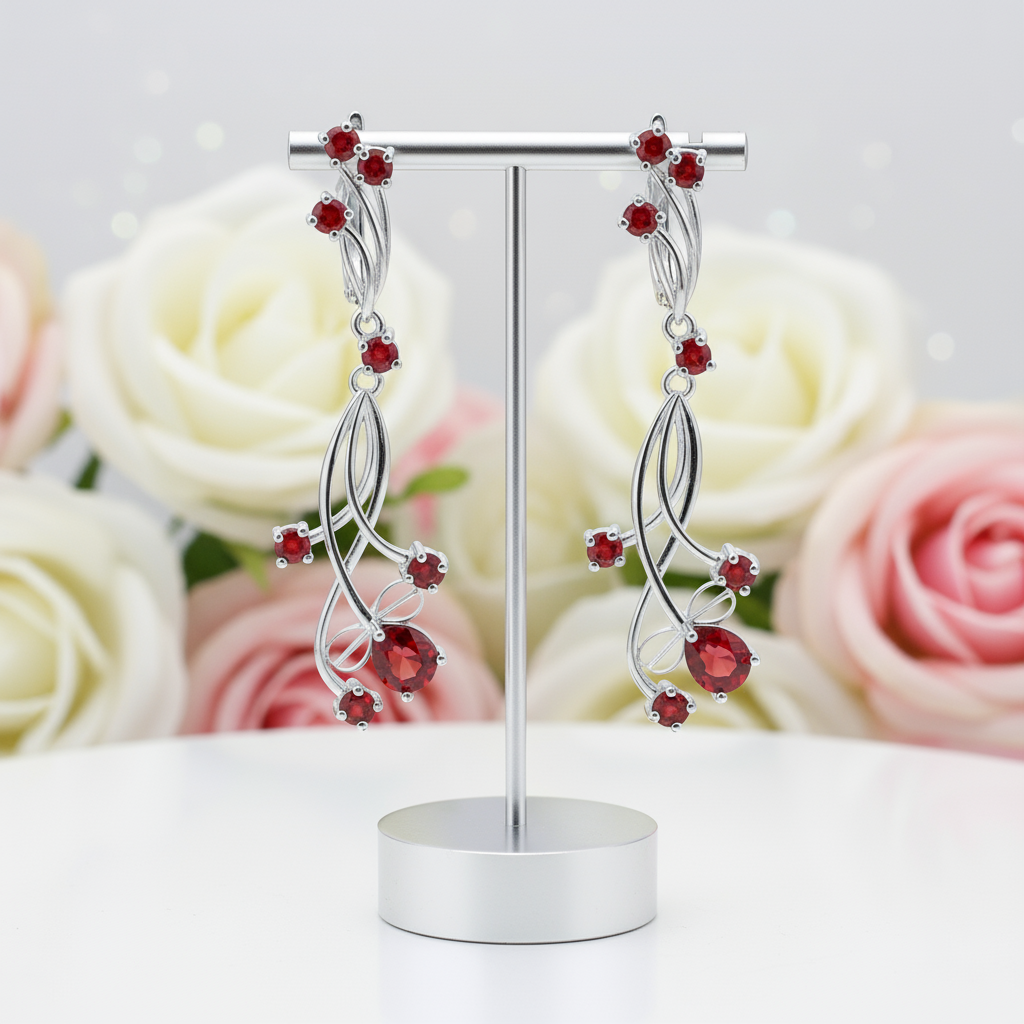 4.04ct Natural Red Garnet Bridal Drop Earrings-Black Diamonds New York