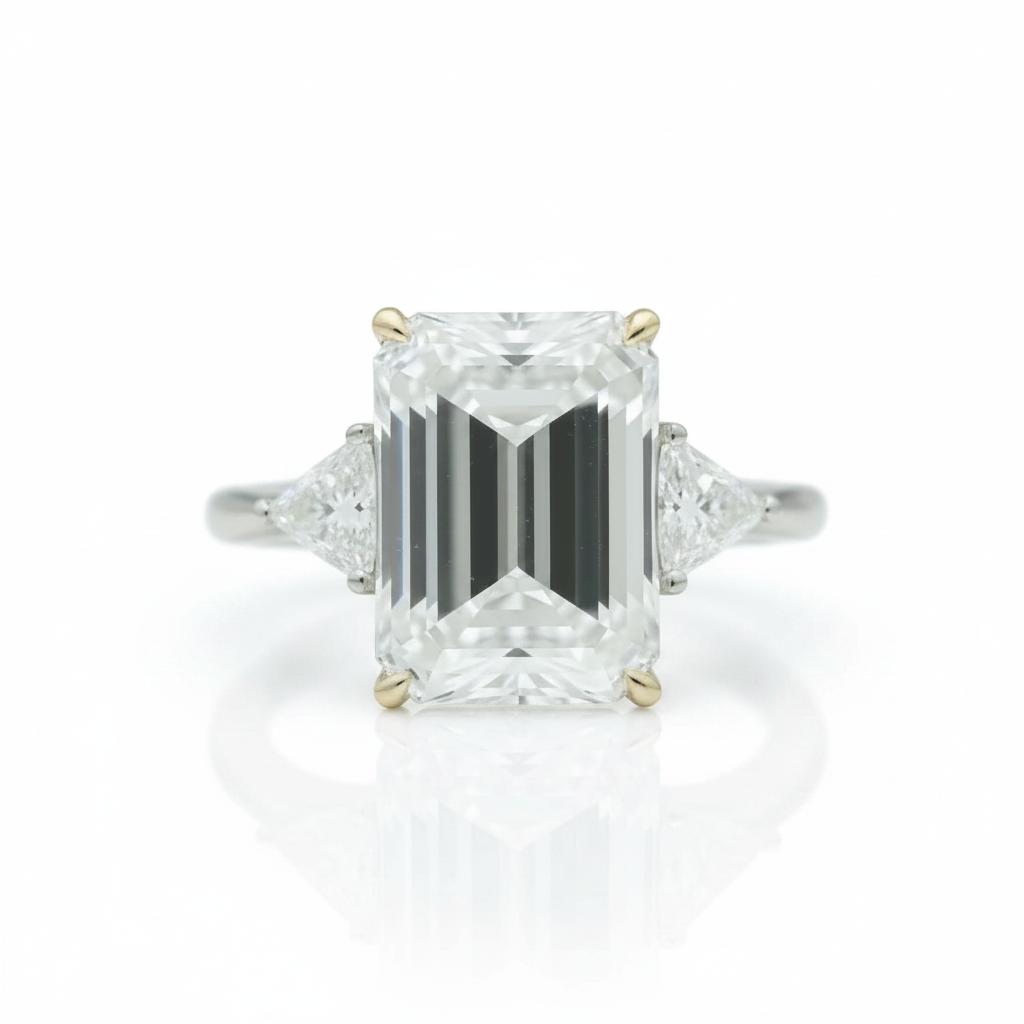 An emerald-cut diamond ring with triangular side diamonds on a silver-toned band with gold accents, centered on a white background with a soft reflection.