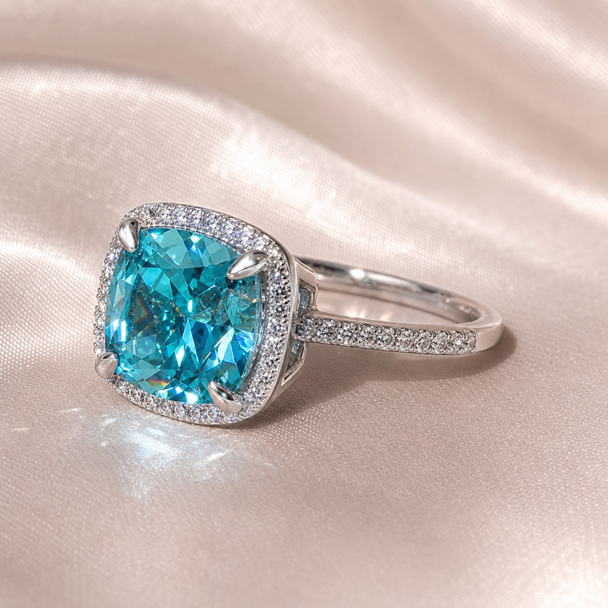 Exquisite Halo Cushion Cut Cyan Blue Diamond Option Engagement Ring-Black Diamonds New York
