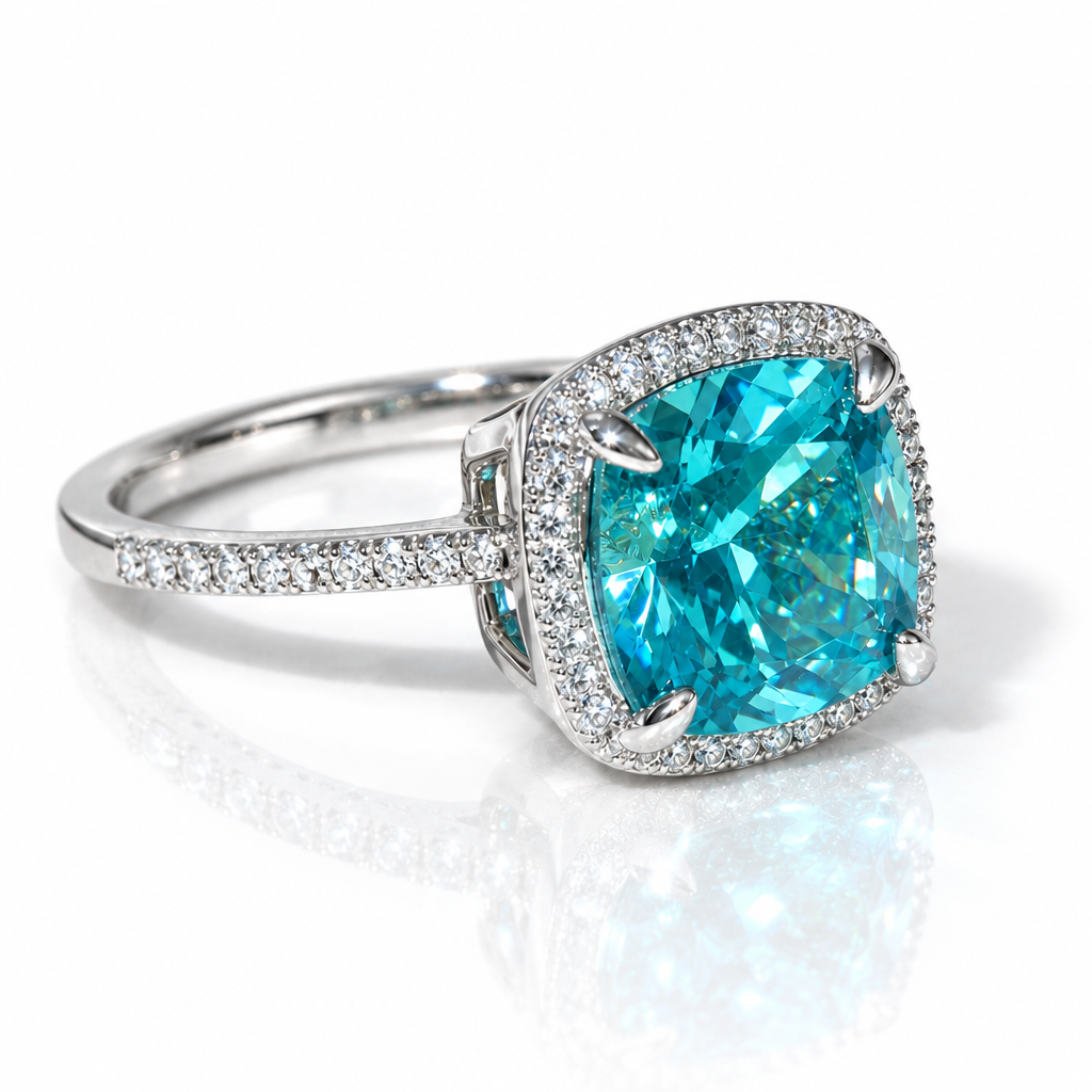 Exquisite Halo Cushion Cut Cyan Blue Diamond Option Engagement Ring-Black Diamonds New York