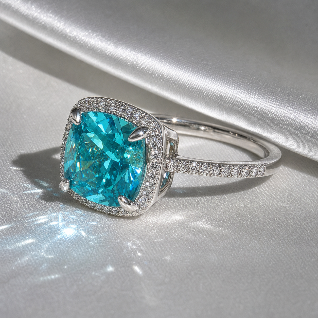 Exquisite Halo Cushion Cut Cyan Blue Diamond Option Engagement Ring-Black Diamonds New York