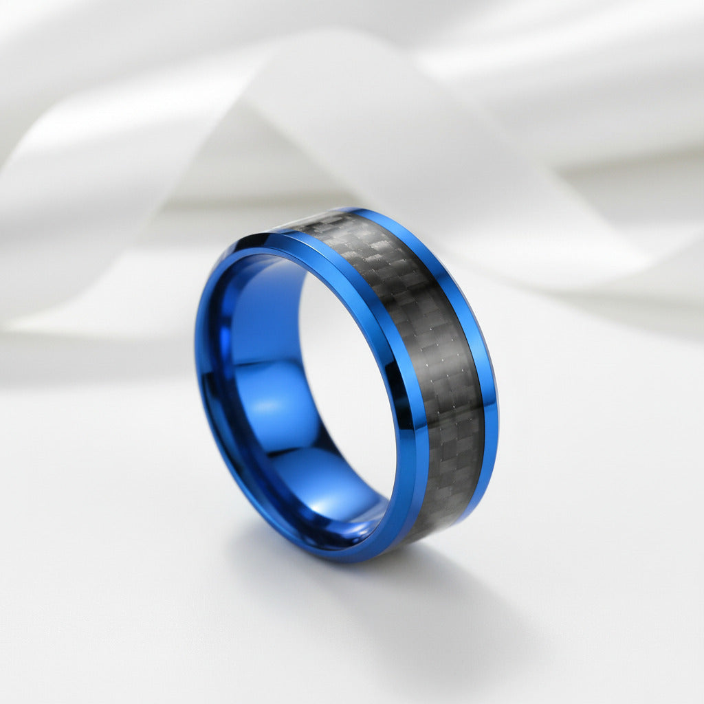 Blue With Black Carbon Fiber Tungsten Unisex Couple Wedding Bands-Black Diamonds New York