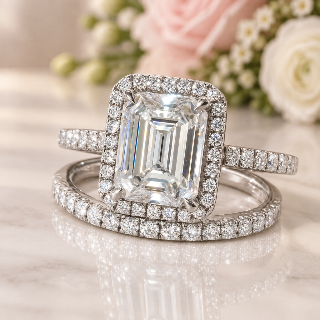 4.0ct Halo Emerald Cut Wedding Ring Set-Black Diamonds New York