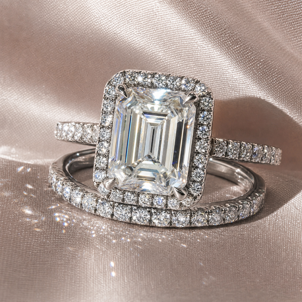 4.0ct Halo Emerald Cut Wedding Ring Set-Black Diamonds New York