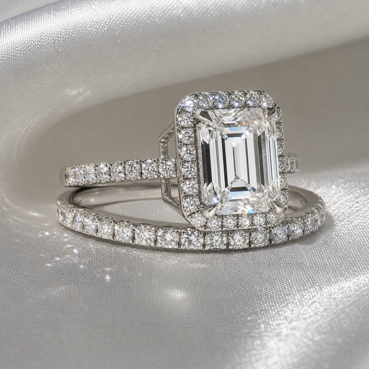 4.0ct Halo Emerald Cut Wedding Ring Set-Black Diamonds New York