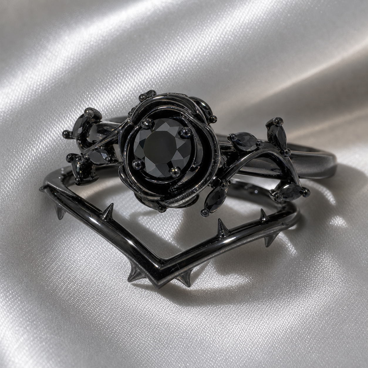 Black Rose- .50ct Round Cut Diamond Option 14k Gold Modern Goth Engagement Ring-Black Diamonds New York