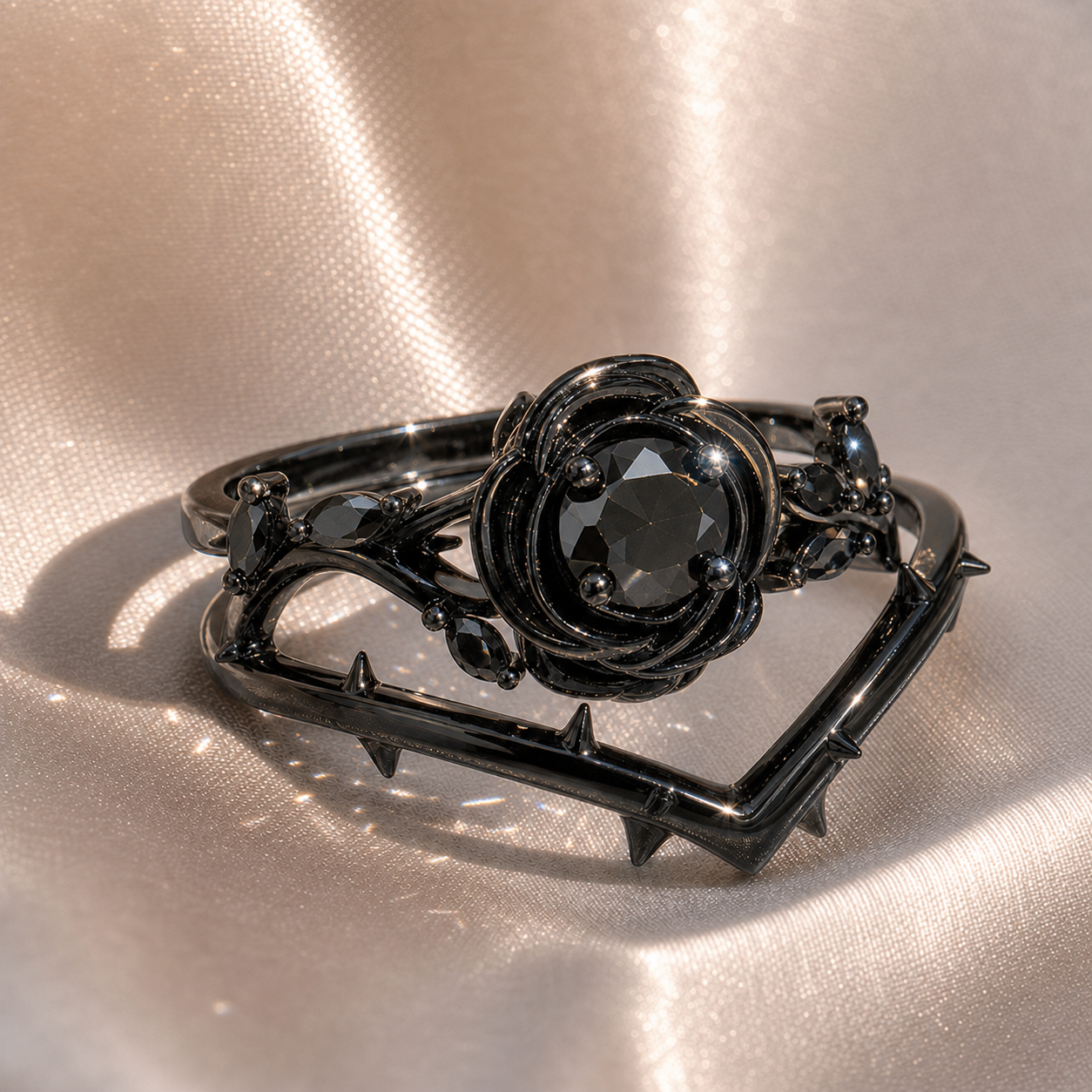 Black Rose- .50ct Round Cut Diamond Option 14k Gold Modern Goth Engagement Ring-Black Diamonds New York