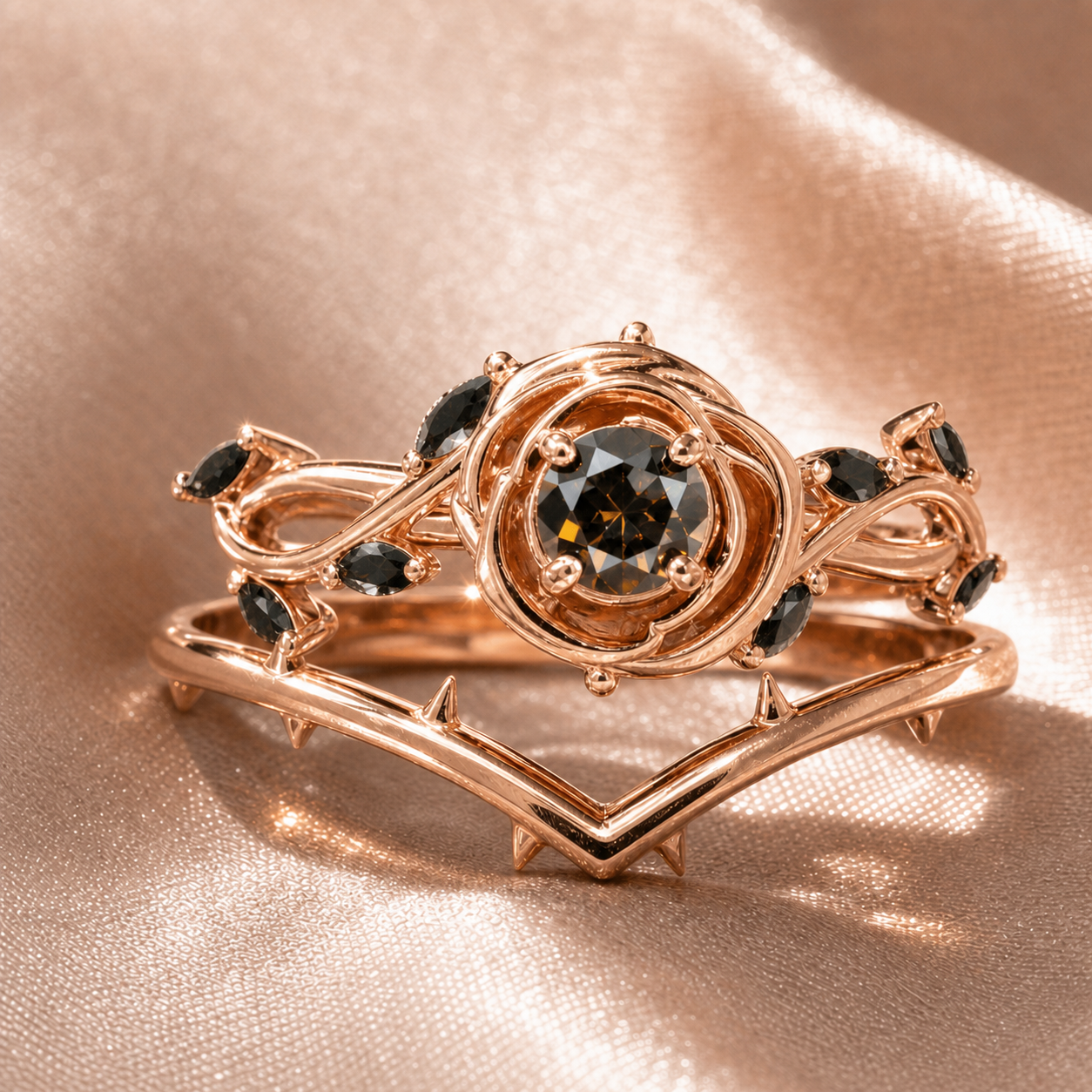 Black Rose- .50ct Round Cut Diamond Option 14k Gold Modern Goth Engagement Ring-Black Diamonds New York