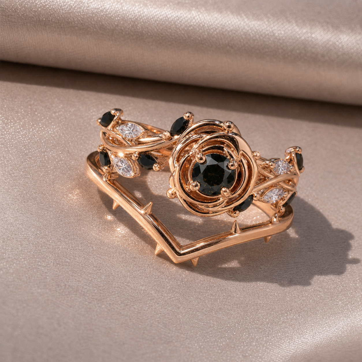 Black Rose- .50ct Round Cut Diamond Option 14k Gold Modern Goth Engagement Ring-Black Diamonds New York