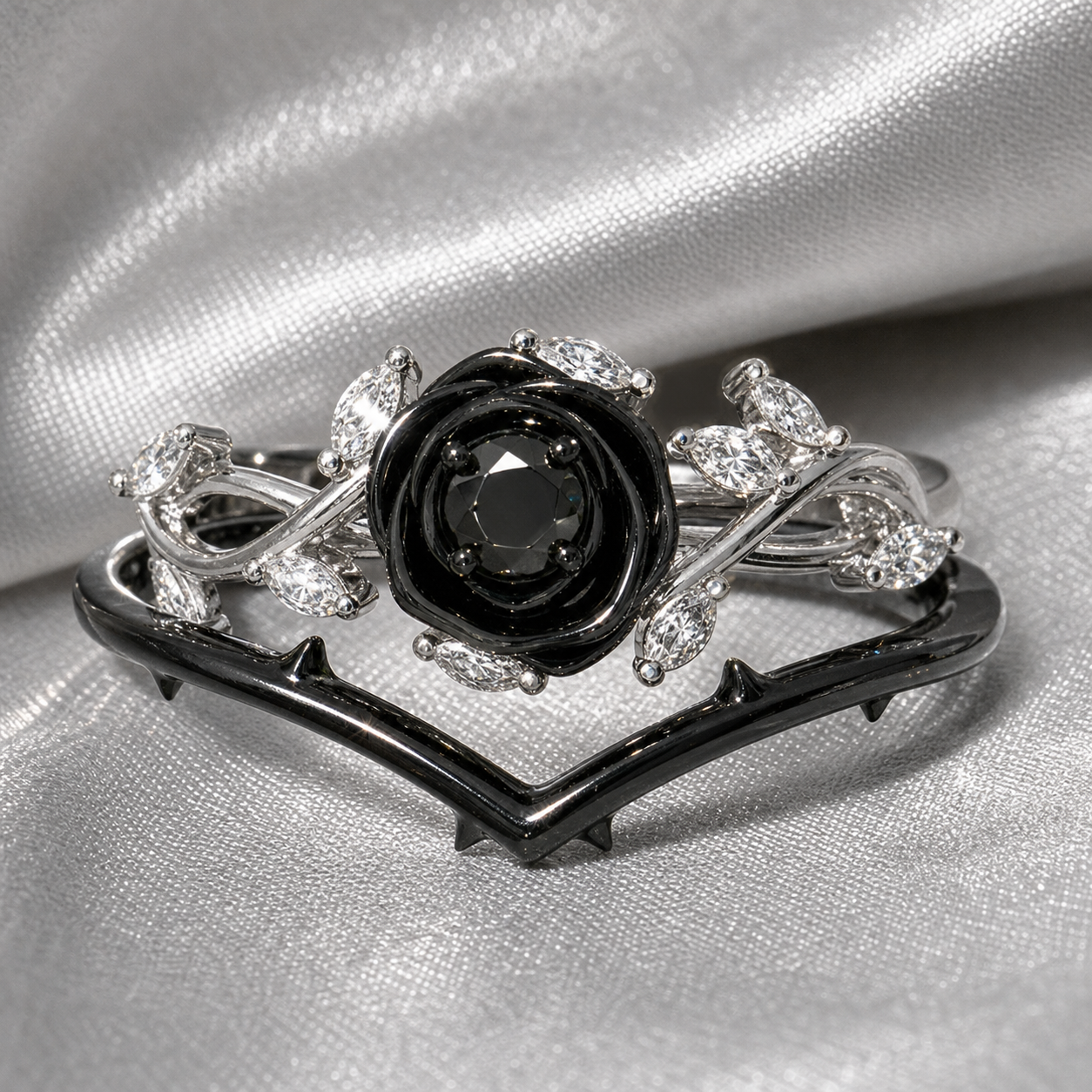 Black Rose- .50ct Round Cut Diamond Option 14k Gold Modern Goth Engagement Ring-Black Diamonds New York