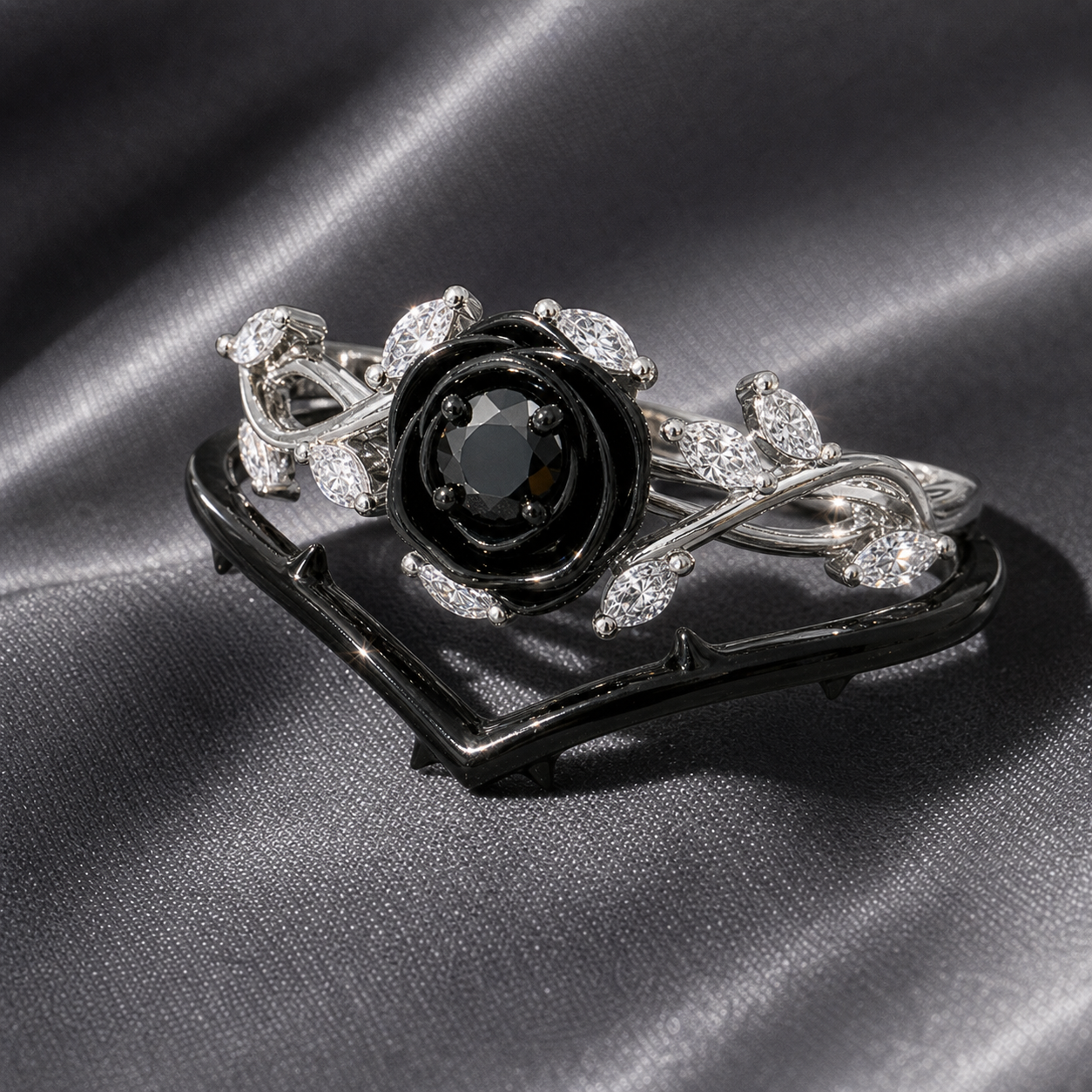 Black Rose- .50ct Round Cut Diamond Option 14k Gold Modern Goth Engagement Ring-Black Diamonds New York