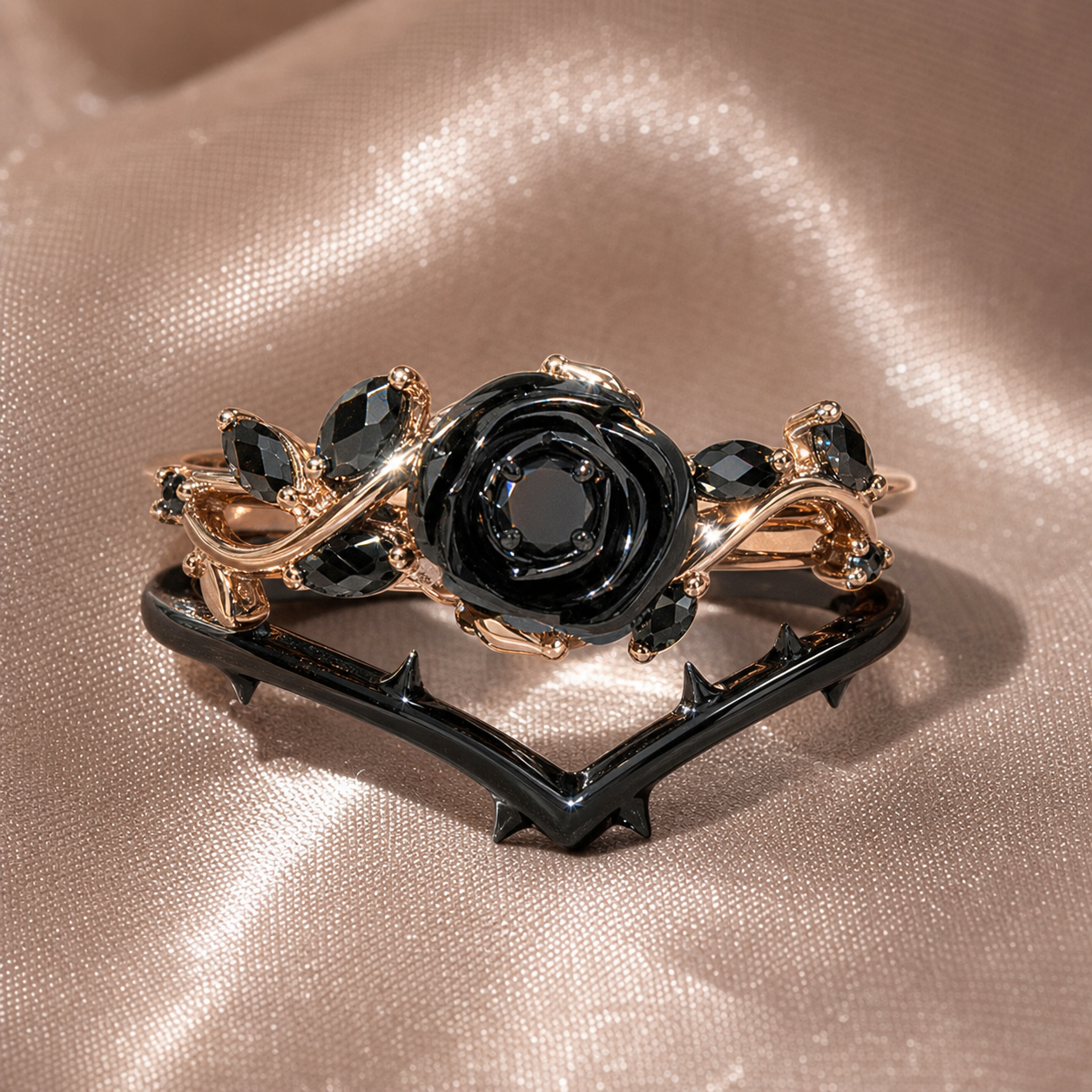 Black Rose- .50ct Round Cut Diamond Option 14k Gold Modern Goth Engagement Ring-Black Diamonds New York