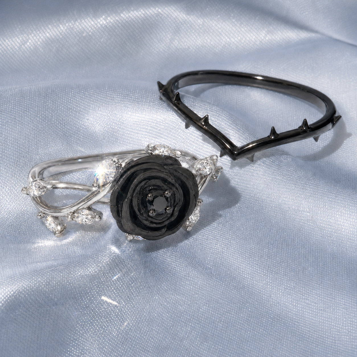 Black Rose- .50ct Round Cut Diamond Option 14k Gold Modern Goth Engagement Ring-Black Diamonds New York