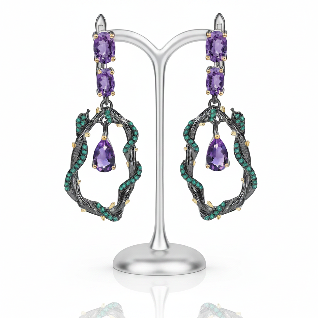 4.34Ct Purple Amethyst Gemstone Earrings-Black Diamonds New York