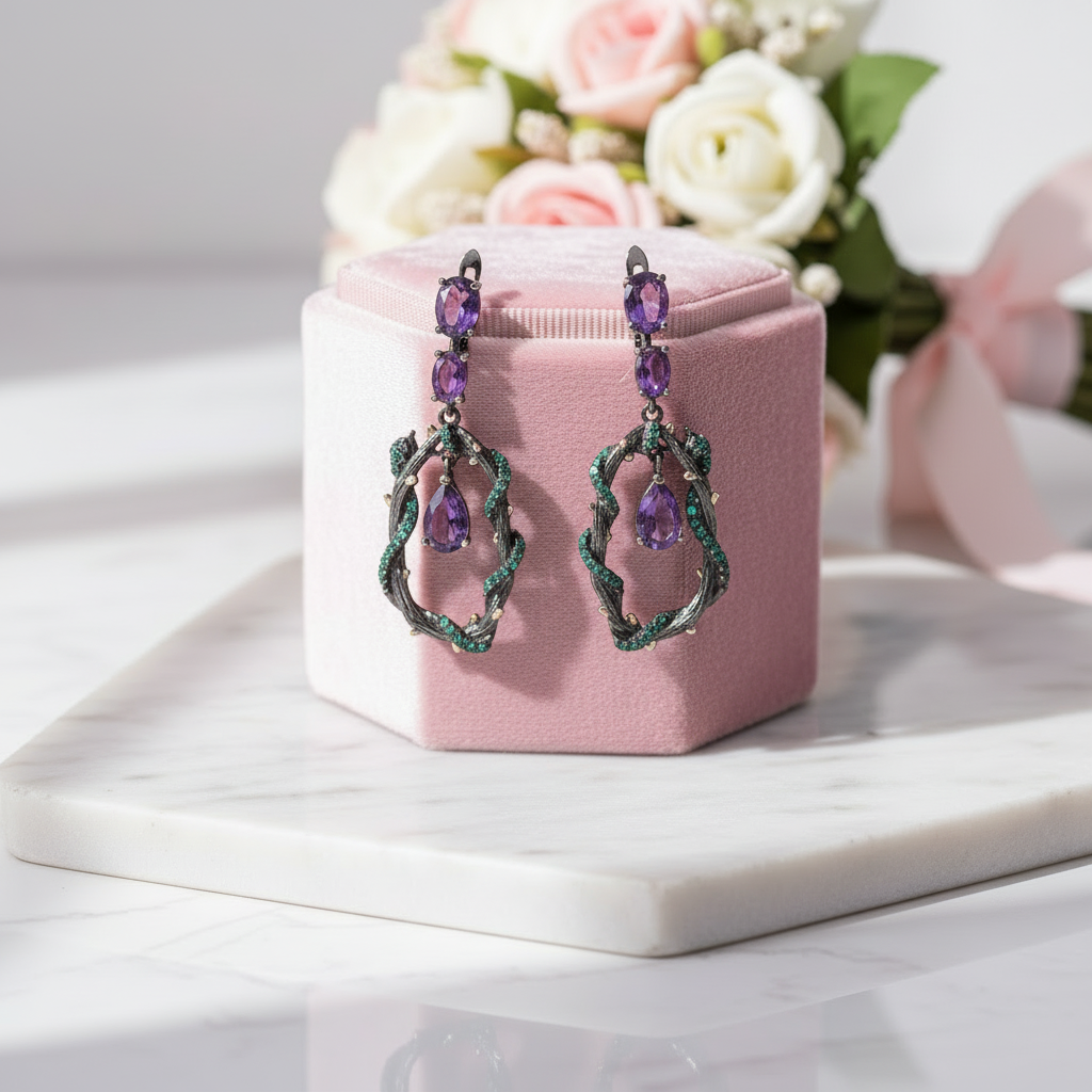 4.34Ct Purple Amethyst Gemstone Earrings-Black Diamonds New York