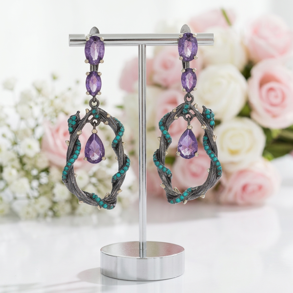 4.34Ct Purple Amethyst Gemstone Earrings-Black Diamonds New York