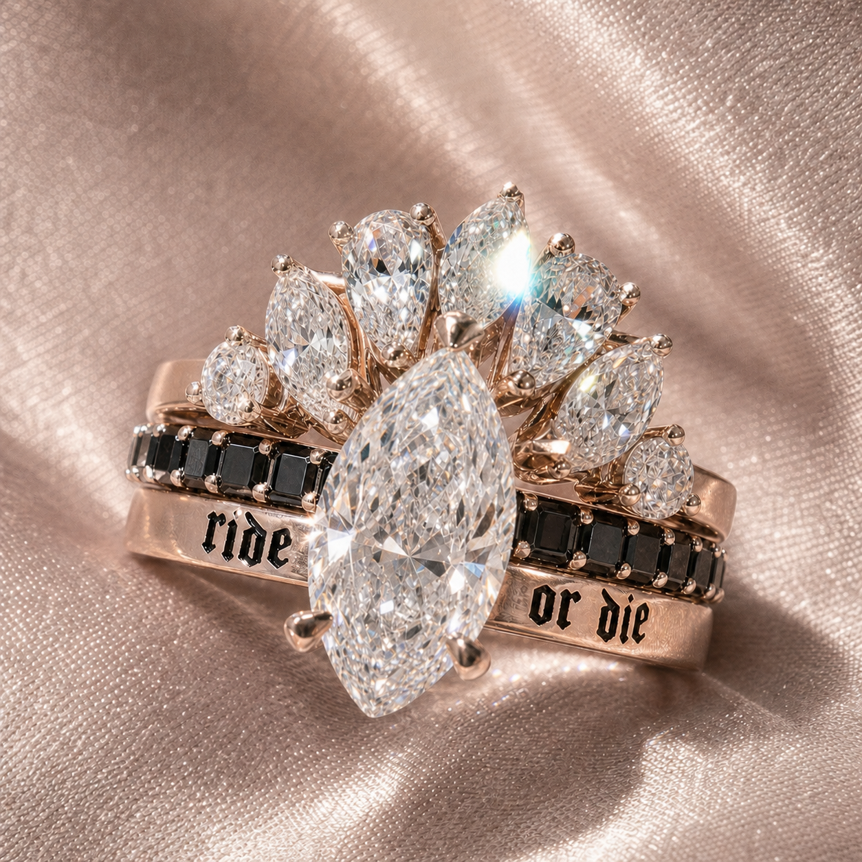Ride or Die Wedding Rings- 2.5 Ct Marquise Cut Diamond Option Gothic Bridal Set in 14k White Gold-Black Diamonds New York
