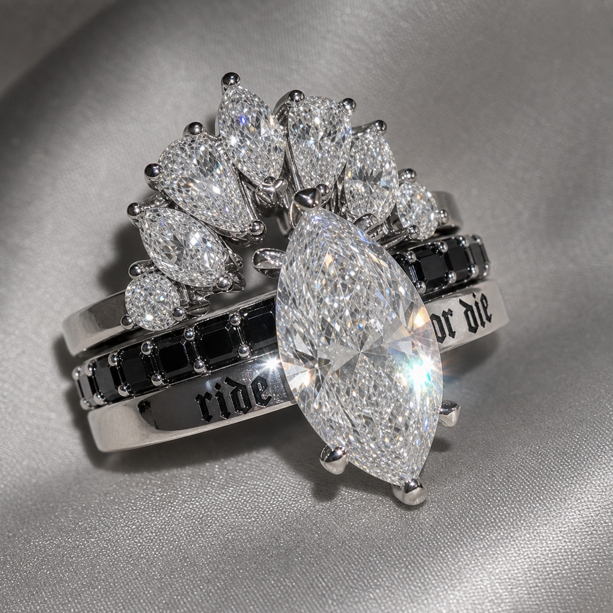 Ride or Die Wedding Rings- 2.5 Ct Marquise Cut Diamond Option Gothic Bridal Set in 14k White Gold-Black Diamonds New York